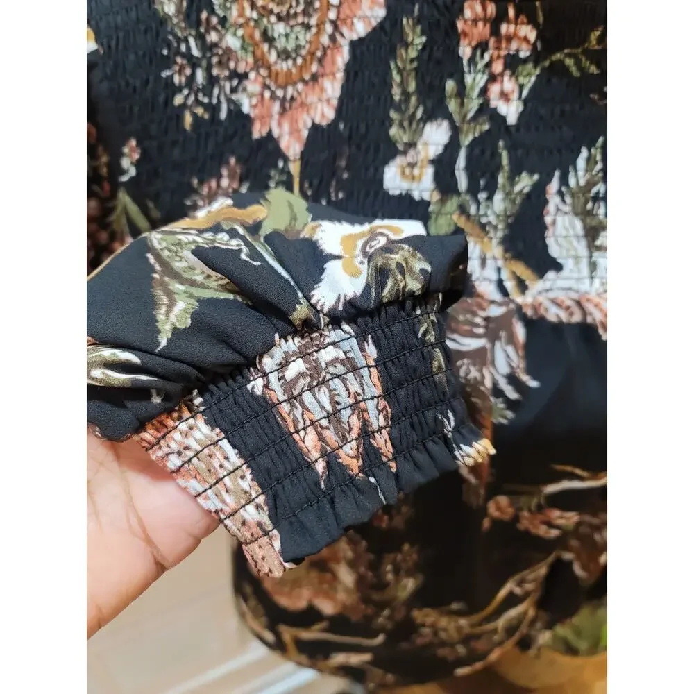Maison D' Amelie Blouse Women's Small Black Floral Smocked Mock Neck Long Sleeve - Picture 5 of 11